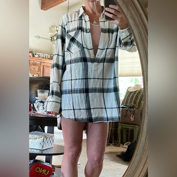 Merona Flannel Plaid White, Black and Gold Tunic Top XL - Picture 8 of 11